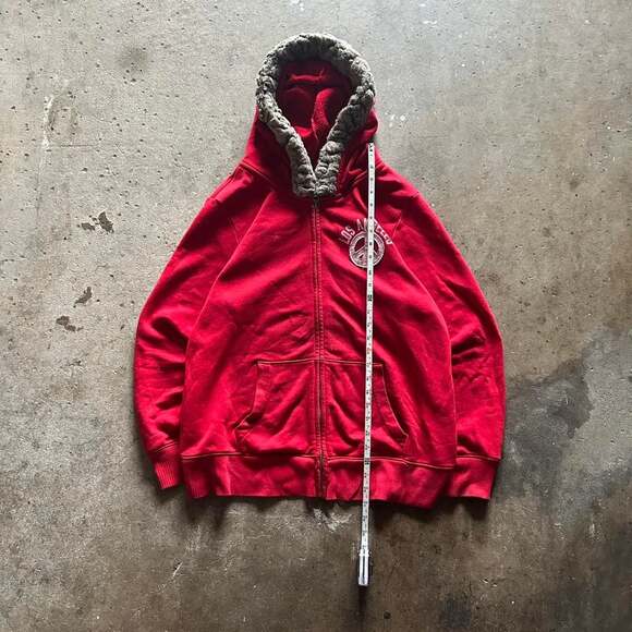 Vintage Y2K Hollister Crimson Red Fur Trim Zip Up Hoodie - Size L - Picture 2 of 5